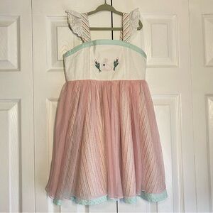 Wildflowers Pink and White Dress with Bunny Embroidery Tulle Skirt Overlay